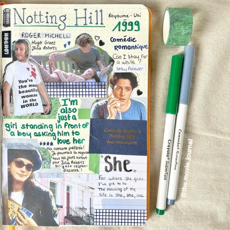 Movie Journal Stickers, Journal Movie Page, Film Journal Aesthetic, Movie Journal Page, Bullet Journal Films, Scrapbook Edit, Movies Journal, Film Graphics, Notting Hill Movie