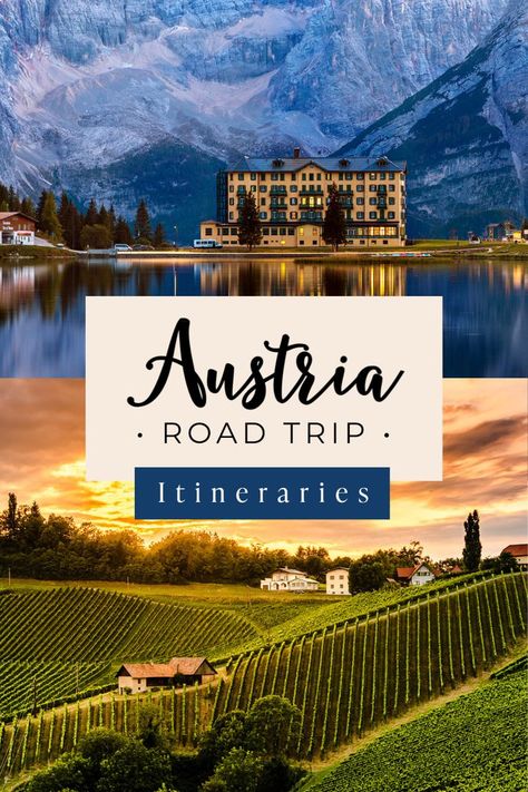 Collage of winery in south styria and castle on a lake in Austria with text Austria road trip itinerary Austria Road Trip, Austria Vacation, Austria Hiking, Day Trips From Vienna, Travel Austria, Romantic Road, Visit Austria, Scenic Road Trip, Perfect Road Trip