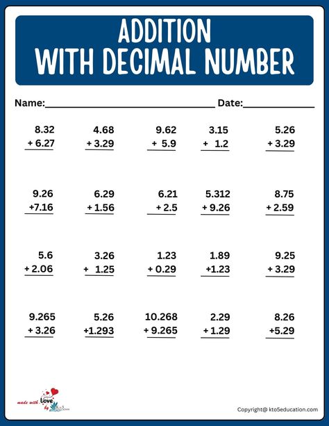 Adding Decimal Number Worksheet | FREE Download Decimals Addition, Abc Order Worksheet, Adding Decimals, Integers Worksheet, Number Worksheet, Decimals Worksheets, Math Practice Worksheets, Math Addition Worksheets, Decimal Number