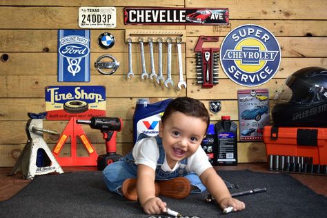 Mechanic Photoshoot, Mechanic Birthday, Baby Mechanic, Mechanics Birthday, Kids Garage, Backdrops Kids, Photoshoot Backdrops, 1st Birthday Pictures, Baby Milestone Photos