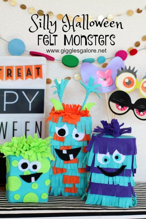 Silly Halloween Felt Monsters via gigglesgalore.net #partyideas #halloweenparty #halloween ★ Halloween Party Decoration ★ Halloween Party Décor ★ Monster Mash Theme Party ★ Monster Mash Halloween Party ★Halloween Decoration Idea ★ Repin | For other creative Halloween Party Themes Ideas, check out: www.partyplanningsolutions.com Cauldron Dessert, Key Lime Mousse, Home Craft Ideas, Lime Mousse, Silly Halloween, Bubbling Cauldron, Felt Monster, Felt Jacket, Monster Craft