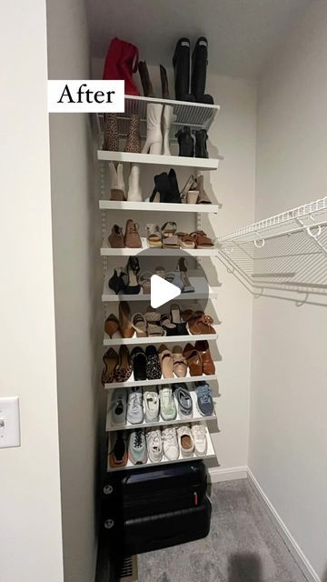 Sarah Belle | DIY & Home on Instagram: "Before < After 👟 One of my favorite easy projects, I transformed a blank wall in our closet into shoe storage using @thecontainerstore ‘s easy elfa hang solution! 

I one day want to customize this entire room to maximize space, but this elfa storage is perfect for fitting my needs immediately. Plus it’s 30% off right now! 

#closetorganization #shoestorage #thecontainerstore #elfa #elfacloset #diy #containerstore" Small Shoe Cupboard Ideas, Shoe Display Ideas Bedroom Aesthetic, Diy Angled Shoe Rack, Shoe Shelf In Closet Diy, Diy Garage Shoe Rack, Diy Wall Shoe Storage, Diy Wall Shoe Rack, Slanted Shoe Shelves, Diy Shoe Organizer