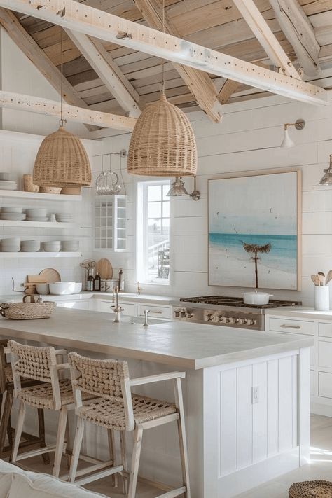 white beachy coastal kitchen Exposed Beams Ceiling Coastal, Beach Boho Kitchen, Coastal Boho Kitchen Ideas, Small Beach House Kitchen, Beachy Kitchen Ideas, Tiny Airbnb, Small Coastal Kitchen, Beach Farmhouse Decor, Coastal Boho Kitchen