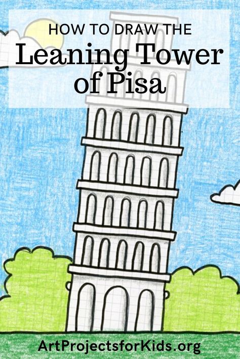 Learn how to draw the Leaning Tower of Pisa with this fun and easy art project for kids. Simple step by step tutorial available. #howtodraw #leaningtowerof pisa #artprojectsforkids #directdraw International Paintings, Europe Art Projects For Kids, Italy Art Projects For Kids, Leaning Tower Of Pisa Drawing, Italy Activities For Kids, Italy Crafts For Kids, Italy For Kids, Directed Drawing, Italy Art