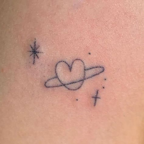 Heart Planet, Planet Tattoo, Stick Poke Tattoo, Stick N Poke, Stick N Poke Tattoo, Poke Tattoo, Stick And Poke, Dainty Tattoos, Aesthetic Tattoo