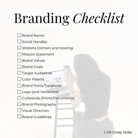 💡 Ready to build a brand that stands out? Start with the essentials! 📋✨⁠ ⁠ Here's a comprehensive checklist to guide you through the branding process—from defining your mission to designing brand visuals. Whether you’re a startup or looking to rebrand, these key elements will help shape your brand identity and make a lasting impact. Save this post and start checking off each item as you go! 🖤⁠ ⁠ #BrandingChecklist  #EntrepreneurTips #BrandingEssentials #CAMGroupMedia #SocialMediaMarketing Branding Checklist, Typeface Logo, Build A Brand, Branding Process, Brand Fonts, Brand Guidelines, Photography Branding, Marketing Agency, Media Marketing