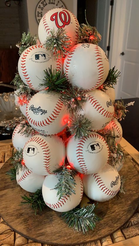 Team Christmas Party Ideas, Baseball Christmas Tree, Pencil Christmas Tree Ideas, Christmas Party Ideas, White Christmas Tree Ideas, Christmas Tree Village, Diy Christmas Tree Topper, Flocked Christmas Trees Decorated, Wooden Christmas Decorations