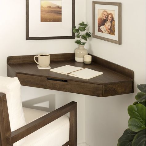 Small Work From Home Space, Corner Floating Desk, Floating Shelf Corner, Floating Corner Desk, Desk For Small Spaces, Work From Home Space, Mounted Desk, Modern Home Office Furniture, Shelf Corner