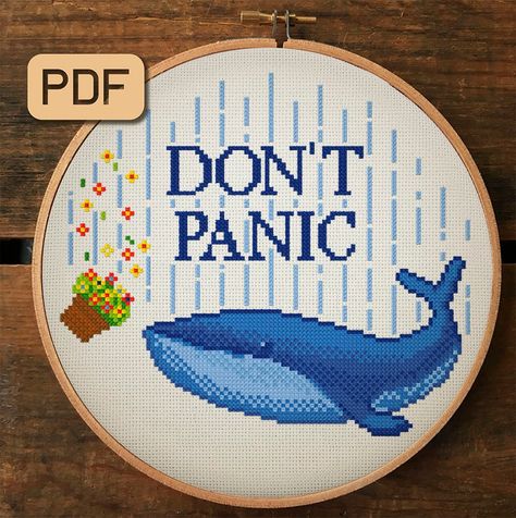 Whale Cross Stitch, Galaxy Cross Stitch, Funny Needlepoint, Marvel Cross Stitch, Galaxy Cross, Hitchhiker's Guide To The Galaxy, Hitchhikers Guide To The Galaxy, Xstitch Patterns, Funny Cross Stitch Patterns