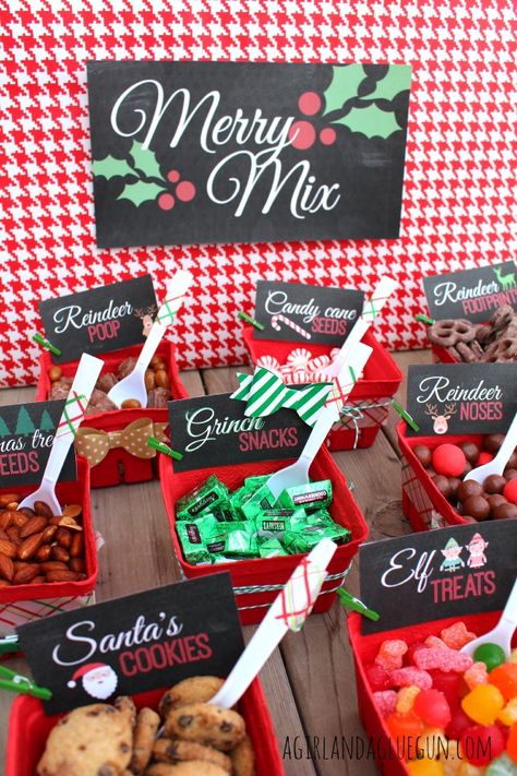 Christmas Snack Bar Ideas Party, Kid Christmas Party Decorations, Holiday Party School Ideas, Christmas Snack Cart For Teachers, Christmas Party Theme Ideas Family, Christmas Trail Mix Bar, Christmas Themes For Work, Christmas Theme Centerpieces, Christmas Candy Station