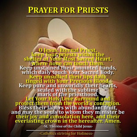 PRAYER FOR PRIESTS St. Thérèse of the Child Jesus Dear brethren in Christ, here you have a beautiful prayer by St. Thérèse of the Child Jesus for priests which you might want to pray daily so that … Prayers For Priests, St Padre Pio Prayer Of Healing, Rosary Prayer Guide, Prayer For Priests Roman Catholic, Prayer To St Rita, Our Father Prayer Catholic, St Michael Prayer, Catholic Answers, Rosary Prayer