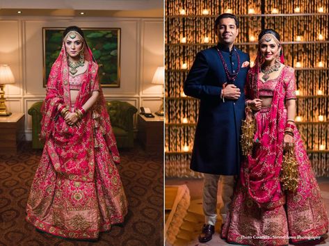 For the wedding, the bride wore a heavily embellished dark pink bespoke lehenga by Tisha Saksena while the groom wore a deep blue achkan by Raghavendra Rathore. #TishaSaksenaLehnga #RaghavendraRathore #darkpinkhenga #lehenga #lengha #lehngas #bridal #bridalwear #bridalfashion #fashion #wedding #designer #indianwedding #indianbride #ethinic #weddingwear #love #shopping #weddingsutra Dark Pink Lehenga Bridal, Dark Pink Bridal Lehenga, Wedding Lehenga Red, Indian Wedding Dress Bridal Lehenga, Bridal Wedding Lehenga, Raghavendra Rathore, Pink Bridal Lehenga, Bridal Lehenga Designs, Delhi Wedding