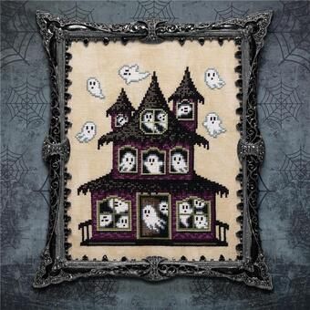 Cross stitch pattern from Lola Crow featuring a haunted Halloween house that is packed full of adorable little ghosts.    Pattern is stitched on 36 ct Vintage Country Mocha using DMC floss. Stitch count is 91w x 112h. Ghost Cross Stitch, Halloween Cross Stitch Charts, Xstitch Patterns, Halloween Cross Stitch Patterns, Quilting Notions, Halloween Cross Stitches, Cute Embroidery, Halloween Haunted Houses, Cross Stitch Fabric