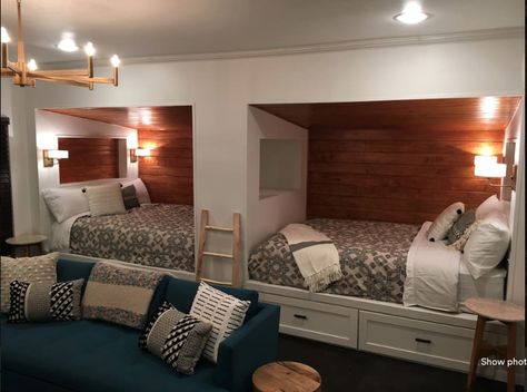 Media Room With Bunk Beds, Bed Cubby Ideas, Bunk Room Over Garage, Bed Cubby, Cubby Beds Built Ins, Two Queen Beds In One Room, Built In Beds For Kids, Bunk Beds For Boys Room, Modern Bunk Beds