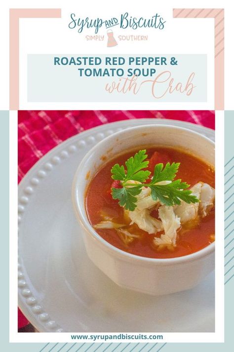 Roasted Red Pepper Tomato Soup with Crab. A twist on a childhood favorite, tomato soup gets updated with the addition of roasted red pepper and a dollop of lump crab meat. Feta Soup, Red Pepper Tomato Soup, Red Pepper And Tomato Soup, Pepper And Tomato Soup, Lump Crab Meat, Lump Crab, Crab Soup, Roasted Red Pepper, Easy Soups