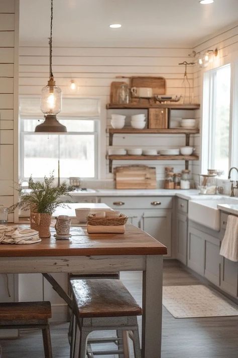 "Elevate your culinary space with a Rustic Farmhouse Kitchen Makeover! 🍳🌾 Perfect for those who love blending rustic charm with modern convenience. 🌟✨ #FarmhouseInspiration #RusticKitchen #HomeStyling" Modern Farmhouse Kitchen Tile, Farmhouse Kitchen Lights, Neutral Farmhouse Kitchen, Simple Farmhouse Kitchen, Pool And Pool House Ideas, European Farmhouse Kitchen, Farmhouse Kitchen Makeover, White Farmhouse Kitchen, Old Farmhouse Kitchen