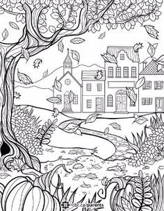 dibujos para colorear de otoño paisajes Fall Coloring Sheets, Coloring Pictures For Kids, Colouring Sheets For Adults, Fall Coloring Pages, Coloring Pages To Print, Fall Pictures, Halloween Coloring, Mandala Coloring, Coloring Book Pages