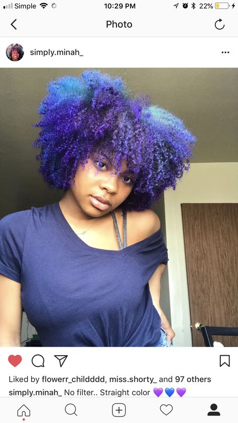 Purple , blue and green Afro Blue And Purple Natural Hair, Colored Natural Hair, Green Afro, Purple Natural Hair, Blue Natural Hair, Blue Afro, Purple And Green Hair, Mini Twists Natural Hair, Violet Hair Colors