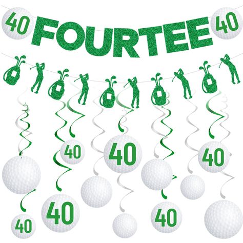 PRICES MAY VARY. Paper 40th Birthday Decorations: The set includes 14pcs 40th birthday party decorations, 2pcs glittering green banners, designed with the word "FOURTEE", golfing equipment and scenes; 12pcs mini golf spindles of different sizes, with numbers on the cards "40", highlight your birthday party theme. Golf Birthday Party Decorations: Enjoy your 40th golf-themed birthday party! Banner and swirl party decorations are suitable for indoor or outdoor use. The glittering material and chic Party Decorations 50th Birthday, 50th Birthday Decorations For Women, Bday Party Decorations, 40th Birthday Party Themes, 50th Birthday Party Ideas For Men, 40th Birthday Men, 40th Birthday Party Decorations, Birthday Decorations For Men, 50th Birthday Party Decorations