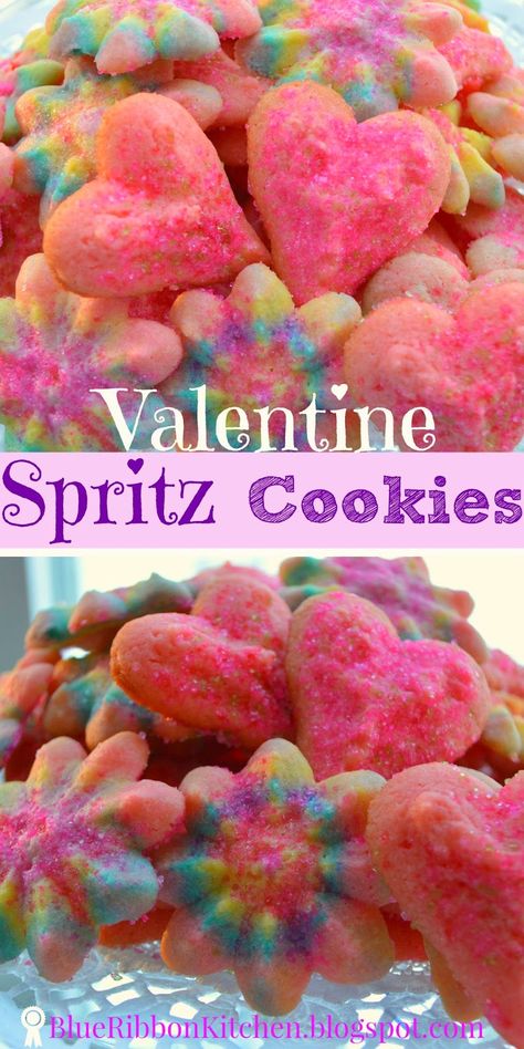 Valentine's Sweets, Press Cookies, Cookie Press Recipes, Spritz Cookie, Spritz Cookie Recipe, Valentines Baking, Spritz Cookies, Valentine Desserts, Valentines Day Desserts