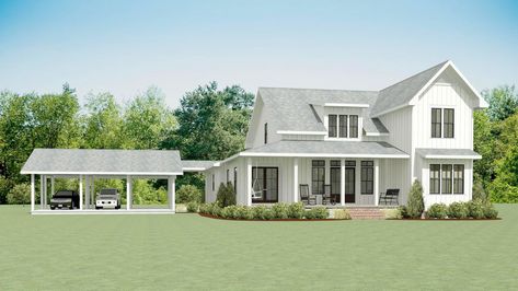 Detached Carport Ideas Breezeway, Carport Breezeway To House, Farmhouse Carport Ideas, Farmhouse Breezeway To Garage, Houses With Carports, Detached Carport With Breezeway, Farmhouse With Carport, Farmhouse Carport, Farmhouse With Detached Garage Breezeway