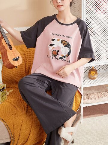 Cat Slogan, Pants Cute, Sleepwear Fashion, Cute Pajama Sets, Cotton Pajamas, Pajamas Sets, Cotton Pajama Sets, Cute Pajamas, Trending Fashion