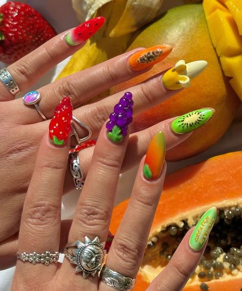 Fruit Nails, Food Nails, Nyc Nails, Neon Nail Polish, Color For Nails, Long Acrylic Nail Designs, Green Nail Designs, Grape Soda, Glamour Nails