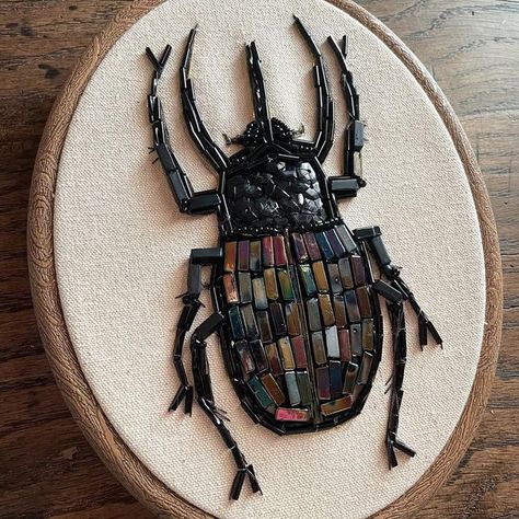 Sarah Leonard on Instagram: "Rhino beetle 🪲 🦏 Featuring hidden water colour, beading, sequins and hand embroidery." Embroidery Beetle, Embroidered Beetle, Beetle Embroidery, Beaded Beetle, Mixed Media Embroidery, Bug Wall, Oddities And Curiosities, Rhino Beetle, Skull Anatomy