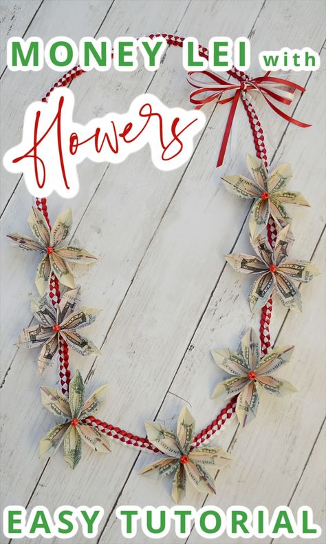 A graduation lei made with real money. This easy flower money lei tutorial makes a great gift for any graduate. Money Lei Tutorial, Flower Money Lei, Flower Lei Diy, Lei Tutorial, Flower Money, Money Lei Diy, Graduation Leis Diy Ribbons, Graduation Leis Diy, Graduation Money Lei