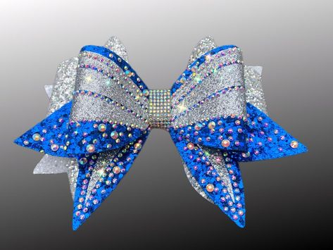 BlingedOutCheerBows.etsy.com, blue and silver competition cheer bow, all star cheer, cheer elite Bling Cheer Bows, Competition Cheer, Competition Bows, Team Cheer, Bling Bows, Cheer Stuff, All Star Cheer, Competitive Cheer, Custom Bows