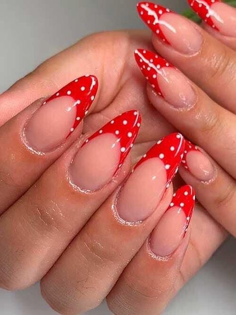 Red Nails With White Polka Dots, Red Nails With White Dots, Red Dots Nails, Red French Tips, Red Chrome Nails, 70s Hair, Red French, French Pattern, Polka Dot Nails