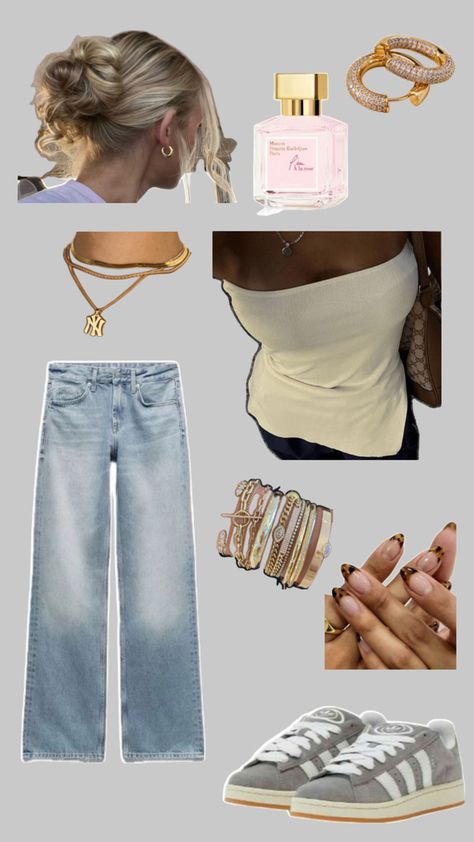 messy bun, panter nails, blue wide leg jeans, white bandeau top, grey adidas campus Wide Leg Jeans White, Blue Wide Leg Jeans, White Bandeau Top, White Bandeau, Nails Blue, Adidas Campus, Jeans White, Grey Adidas, Bandeau Top