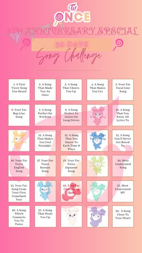 Lovelies, Twice, OT9, Momo, Nayeon, Jeongyeon, Jihyo, Sana, Mina, Dahyun, Chaeyoung, Tzuyu 30 Days Challenge, Twice Songs, 30 Day Song Challenge, Song Challenge, Workout Songs, Days Challenge, 8th Anniversary, Rap Lines, All Songs