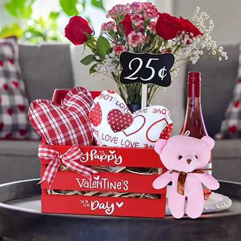 Valentine's day basket center piece Wooden Basket Decor, Teddy Bear Fabric, Valentines Day Decoration, Mini Crates, Valentines Day Baskets, Basket Centerpieces, Valentine Centerpieces, Bear Fabric, Heart Pillows