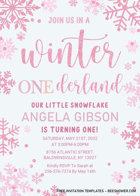 Winter Onederland Baby Shower Invitation Templates - Editable .Docx Snowflake Invitation Template, Winter Onederland Invitations Free, Winter Baby Birthday Party, Winter Baby Birthday, Onederland Invitations, Winter Onederland Party Girl, Winter Onederland Birthday Invitations, Minecraft Birthday Invitations, Spiderman Birthday Invitations