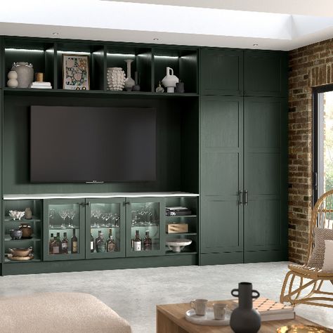 Custom built media wall featuring glazed doors, decorative shelving and a custom built home office. Green Entertainment Unit, Green Shaker Kitchen, Trendy Paint Colors, Kitchen Examples, Shaker Style Furniture, Traditional Style Kitchen, Storage Solutions Bedroom, Decorative Shelving, Free Kitchen Design