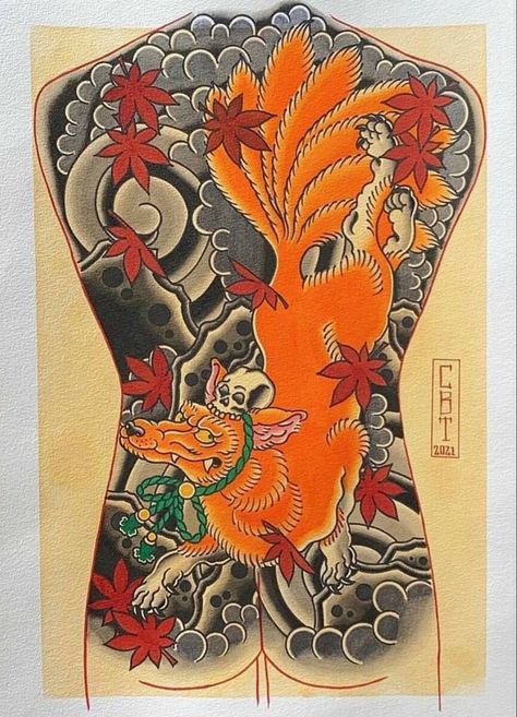 Kitsune Irezumi, Japanese Kitsune Tattoo, Kitsune Tattoo, Japanese Demon Tattoo, Feminine Back Tattoos, Backpiece Tattoo, Traditional Tattoo Inspiration, Japanese Fox, Peacock Tattoo