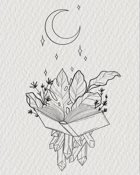 Open book with foliage sprouting from it, underneath crystals are growing tattoo lineart Bookish Thigh Tattoo, Witchy Book Tattoo, Bookish Tattoos Book Lovers, Booktok Tattoos, Booklover Tattoo, Foliage Tattoo, Memories Tattoo, Draw School, Personal Tattoos