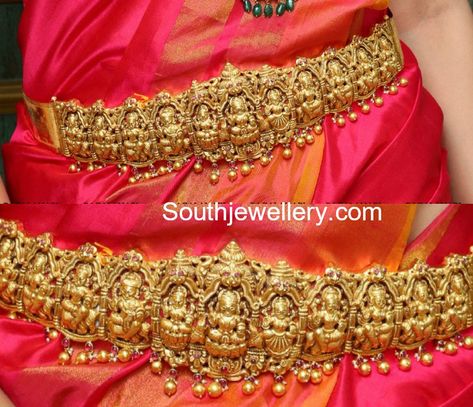 22 Carat gold antique finish nakshi work Lakshmi vaddanam studded with rubies by Hiya Designer jewellery.  ashtalakshmi vaddanam, waist belt Temple Jewelry Vaddanam, Ashtalakshmi Vaddanam Gold, Nakshi Vaddanam Design Gold, Asta Lakshmi Vaddanam, Gold Waist Belt Indian, Ottiyanam Designs Gold, Waist Belt Gold Indian Jewellery, Vaddanam Designs Gold Indian Bridal, Ashtalakshmi Vaddanam