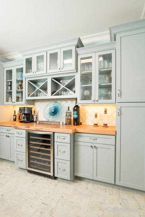 Coastal Coffee and Wine Bar with Blue Green Shaker Cabinets - Cabinets.com Coffee Bar Built In Cabinets, Coffee Wine Bar Ideas, Coastal Coffee Bar, Coffee And Wine Bar Ideas, Green Shaker Cabinets, Thomasville Cabinets, Shaker Cabinets Kitchen, Coffee And Wine Bar, Timeless Kitchen Cabinets