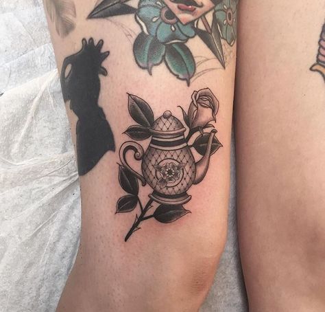 Teapot tattoo by Tyler Borich at Memoir Tattoo Memoir Tattoo, Teapot Tattoo, Skull Tattoo, Flower Tattoo, Tattoos