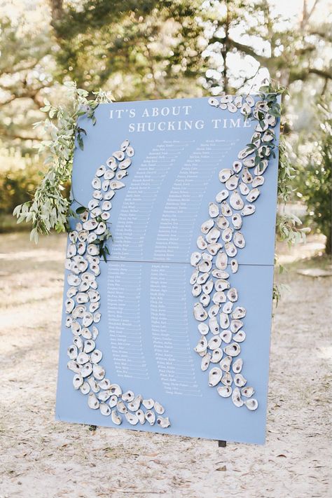 Wedding Seating Chart Oysters, Coastal Wedding Dessert Table, Oceanside Wedding Decor, Cape Cod Wedding Seating Chart, Coastal Christmas Wedding, Beach Wedding Round Table Decor, Formal Coastal Wedding, About Shucking Time Wedding, Beach Theme Seating Chart