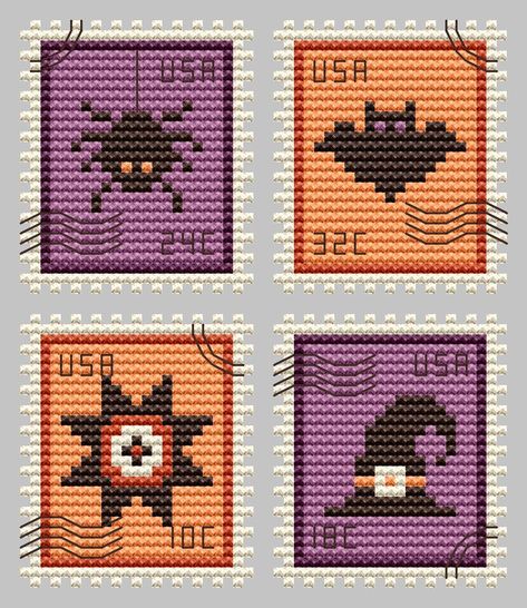 Cute Embroidery By Kate Halloween Postage Stamp - Cross Stitch Pattern - 123Stitch Spider Cross Stitch, Bat Cross Stitch, Cross Stitch Witch, Stamp Cross Stitch, Primitive Cross Stitch Patterns, Witch Cross Stitch, Stitch Stuff, Poster Halloween, Tiny Cross Stitch