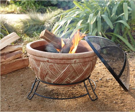 Terra Cotta Fire Pit Backyard Rocks, Fire Pit With Cover, Fire Pit Chimney, Clay Fire Pit, Chiminea Fire Pit, Backyard Landscapes, Fire Pit Materials, Terra Cotta Clay Pots, Outdoor Fire Pit Designs