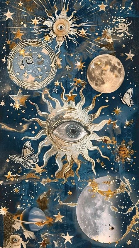 Aesthetic Celestial Wallpaper, Deep Blue And Gold Aesthetic, Aesthetic Sun And Moon Wallpaper, Blue And Gold Celestial Aesthetic, Whimsigoth Sun And Moon, Whimsigoth Prints, Silver Foil Art, Sun Moon And Stars Wallpaper, Golden And Blue Aesthetic