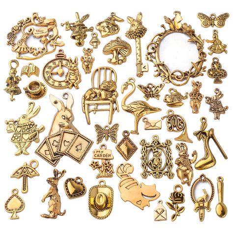 PRICES MAY VARY. Package includes: There are 40pcs antique gold alice charms in the package, enough quantity and different styles will provide you with more matching choices for various outfits needs in daily life Reliable material: Made of alloy material, look glossy and shiny, durable and sturdy, friendly to skin, not easy to break, hard to rust or corrode, also not easy to out of date, can be applied for long time Suitable sizes: As the picture shows, the sizes are about 5mm-45mm. Charms in a Steampunk Skeleton, Alice Wonderland, Fairy Charms, Skeleton Keys, Key Pendant Necklace, Diy Earring, Necklace Charms, Diy Clothes Design, Pendants Necklace