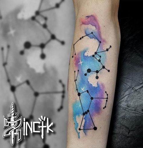 Martin Tattooer Zincik - Space Watercolor tattoo by ZINCIK on DeviantArt Tatto Clock, Orion Tattoo, Watercolor Galaxy Tattoo, Czech Tattoo, Watercolour Tattoo Men, Astronomy Tattoo, Cosmic Tattoo, Universe Tattoo, Horoscope Tattoos