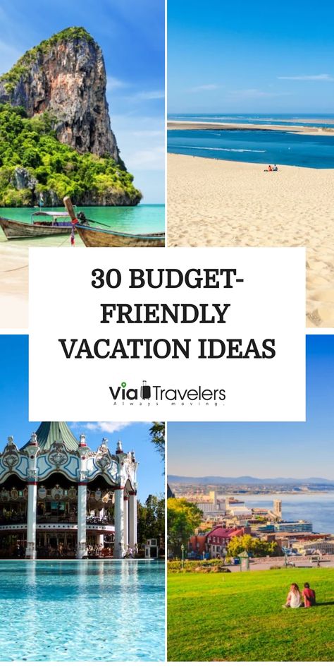 30 budget-friendly vacation ideas illustrated with scenic travel photos including beaches, mountains, and cityscapes. Family Vacation Usa, Family Trip Ideas Destinations, Vacation Spots For Families, International Family Vacation Ideas, Us Family Vacation Ideas, Summer Family Vacation Destinations, Best Family Vacations With Teens, Affordable Family Vacation Destinations, Places To Go With Family