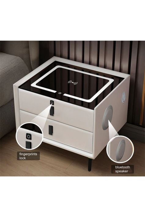 Wireless Charging Nightstand, Bedside Table With Power, Smart Side Table, Smart Bedside Table, Bedroom Wall Lamps Bedside Tables, Modern Bedside Table Design, Bedroom Side Table Ideas, Smart Nightstand, Creative Bedside Table