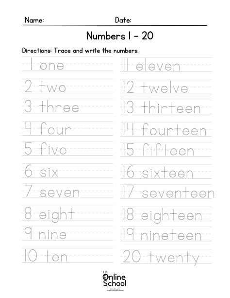 K-12 Teacher created worksheet to help practice writing and spelling numbers from 1 to 20. Great practice tool for students to learn to identify and spell numbers correctly. Ideal for kindergarten through 3rd grade. Can also be used for English Language Learners as well as for students needing extra support with number recognition, writing and spelling. Kindergarten And 1st Grade Activities, Numbers Practice Worksheets, Kindergarten Numbers Worksheets, Writing Practice For Kindergarten, Number 1 To 20 Worksheets, 1 20 Number Worksheet, Worksheet Numbers 1-20, Number 1-20 Worksheets, Write Numbers In Words Worksheet